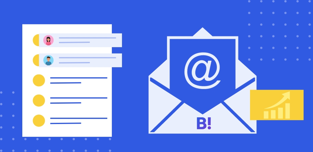 Grafika s modrým pozadím, obálka s logom Boldom naznačujúca e-mail, zoznam príjemcov, rastová krivka